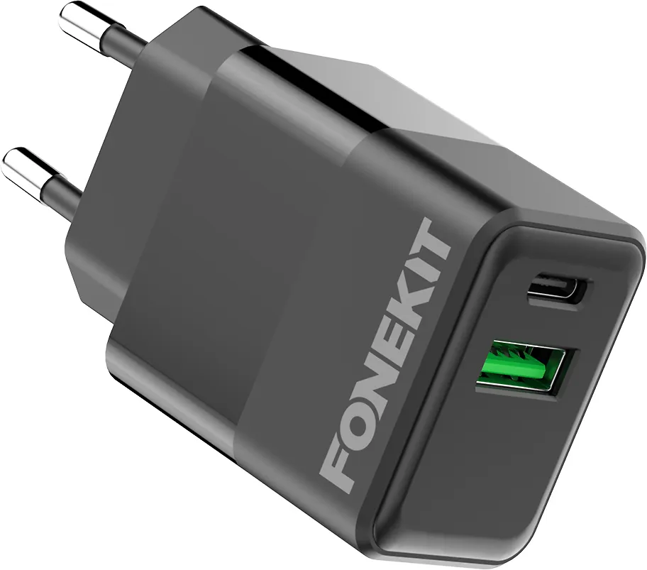 FoneKit Double 20W -laturi, USB-C + USB-A, musta - Image 2