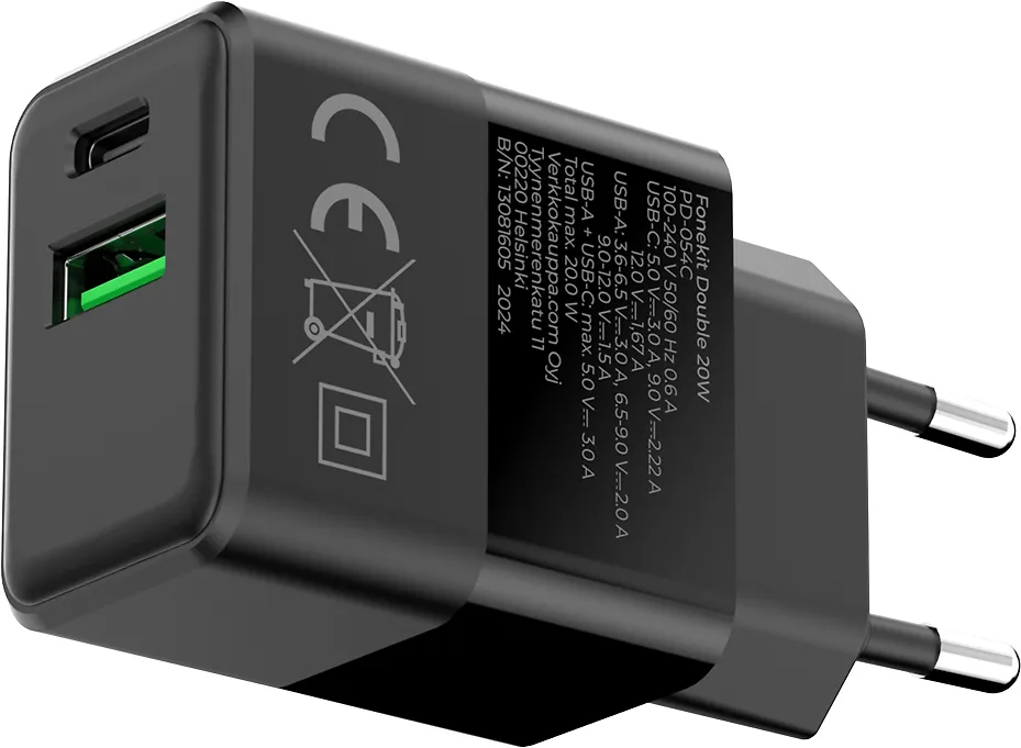 FoneKit Double 20W -laturi, USB-C + USB-A, musta - Image 3