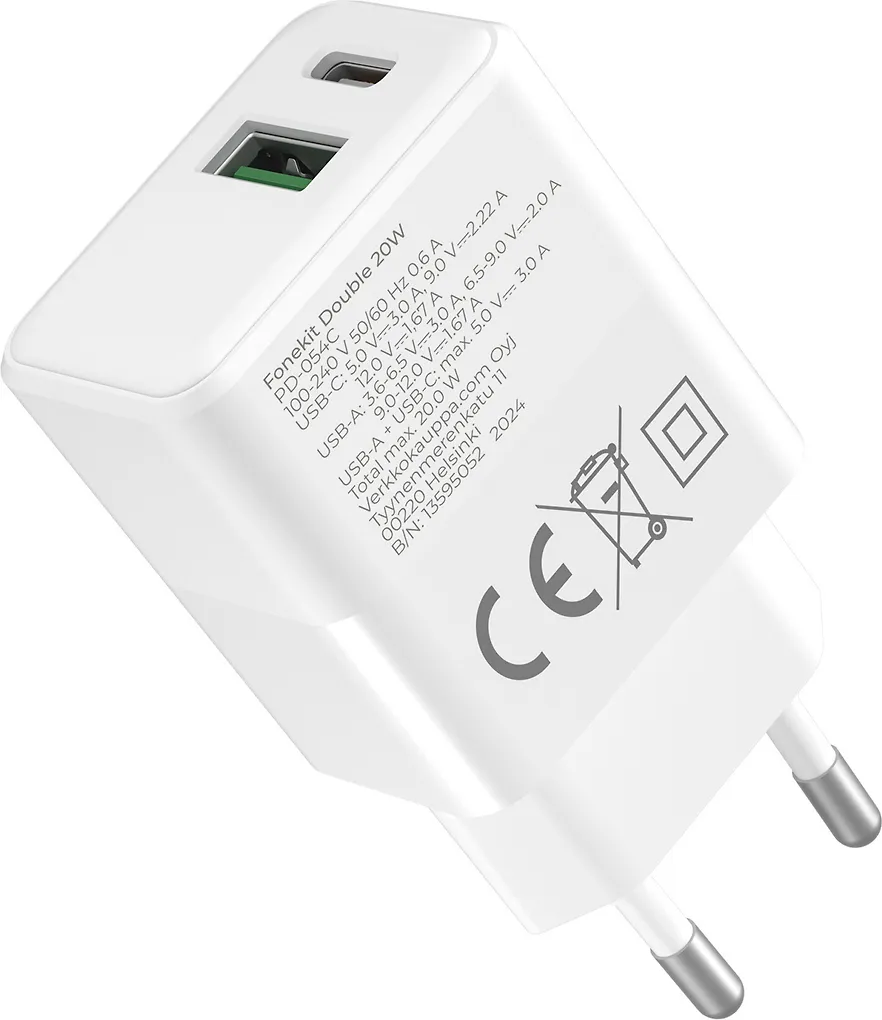FoneKit Double 20W -laturi, USB-C + USB-A, valkoinen - Image 2