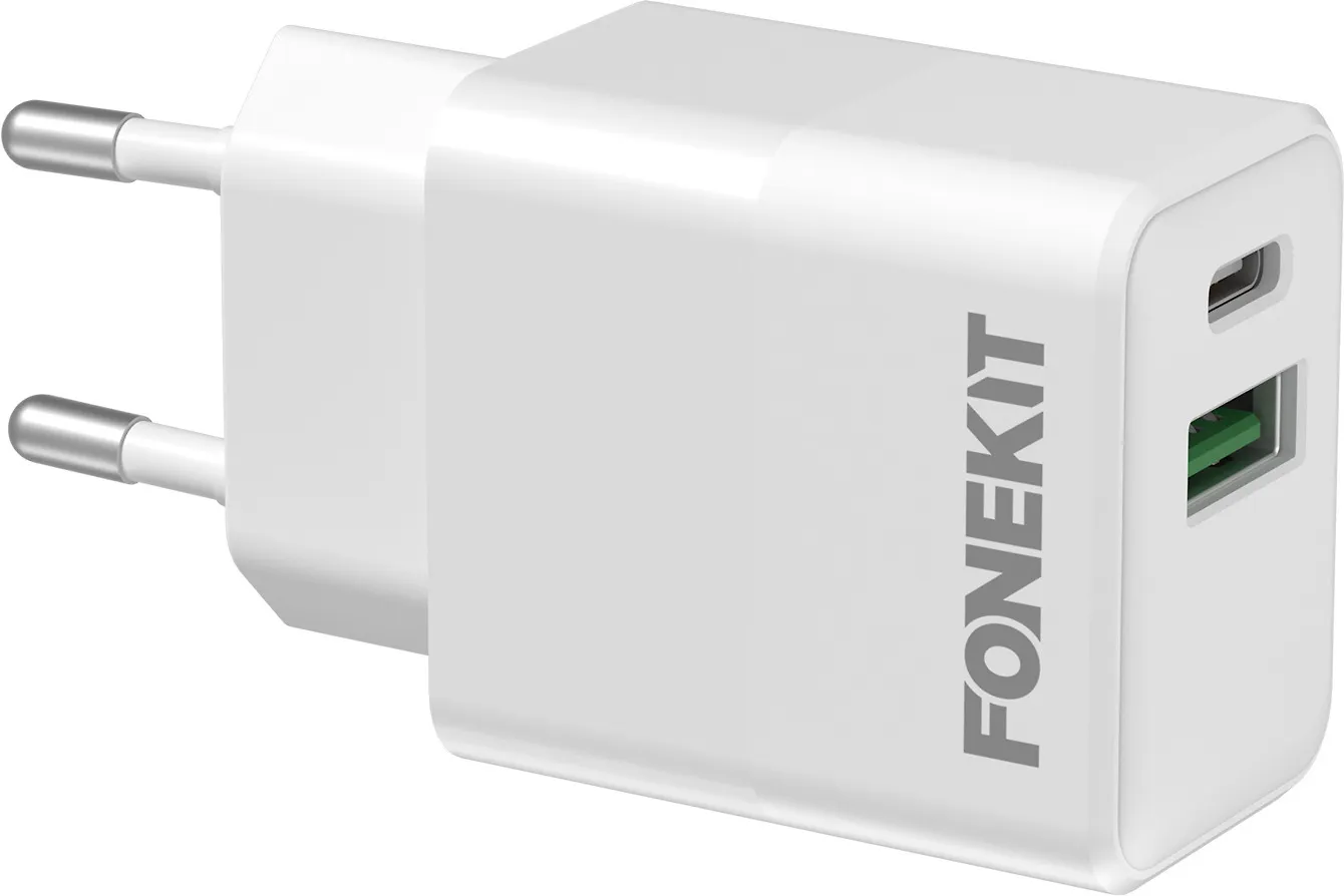 FoneKit Double 20W -laturi, USB-C + USB-A, valkoinen - Image 3