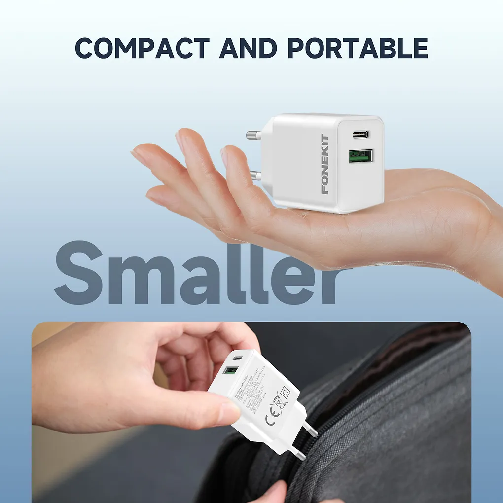 FoneKit Double 20W -laturi, USB-C + USB-A, valkoinen - Image 5
