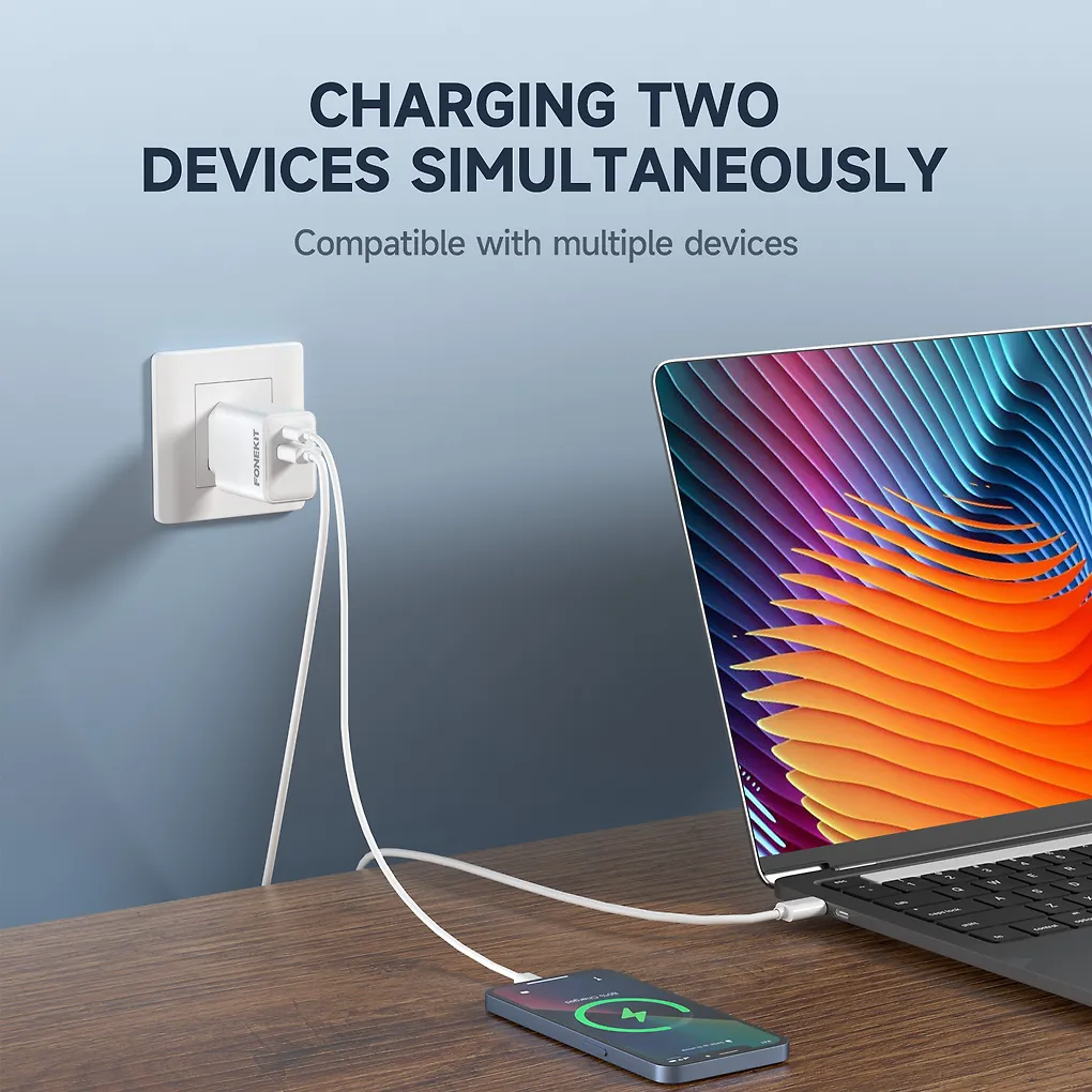 FoneKit Double 20W -laturi, USB-C + USB-A, valkoinen - Image 6