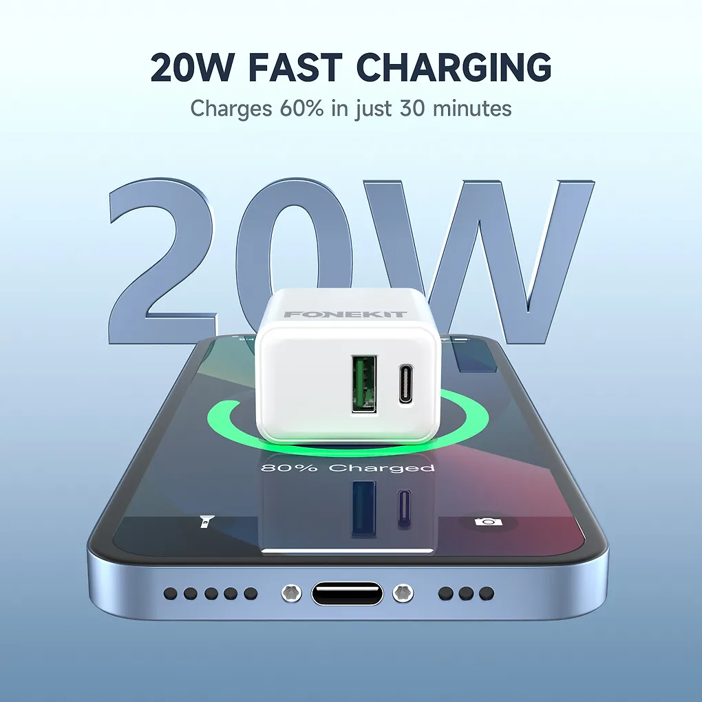 FoneKit Double 20W -laturi, USB-C + USB-A, valkoinen - Image 7
