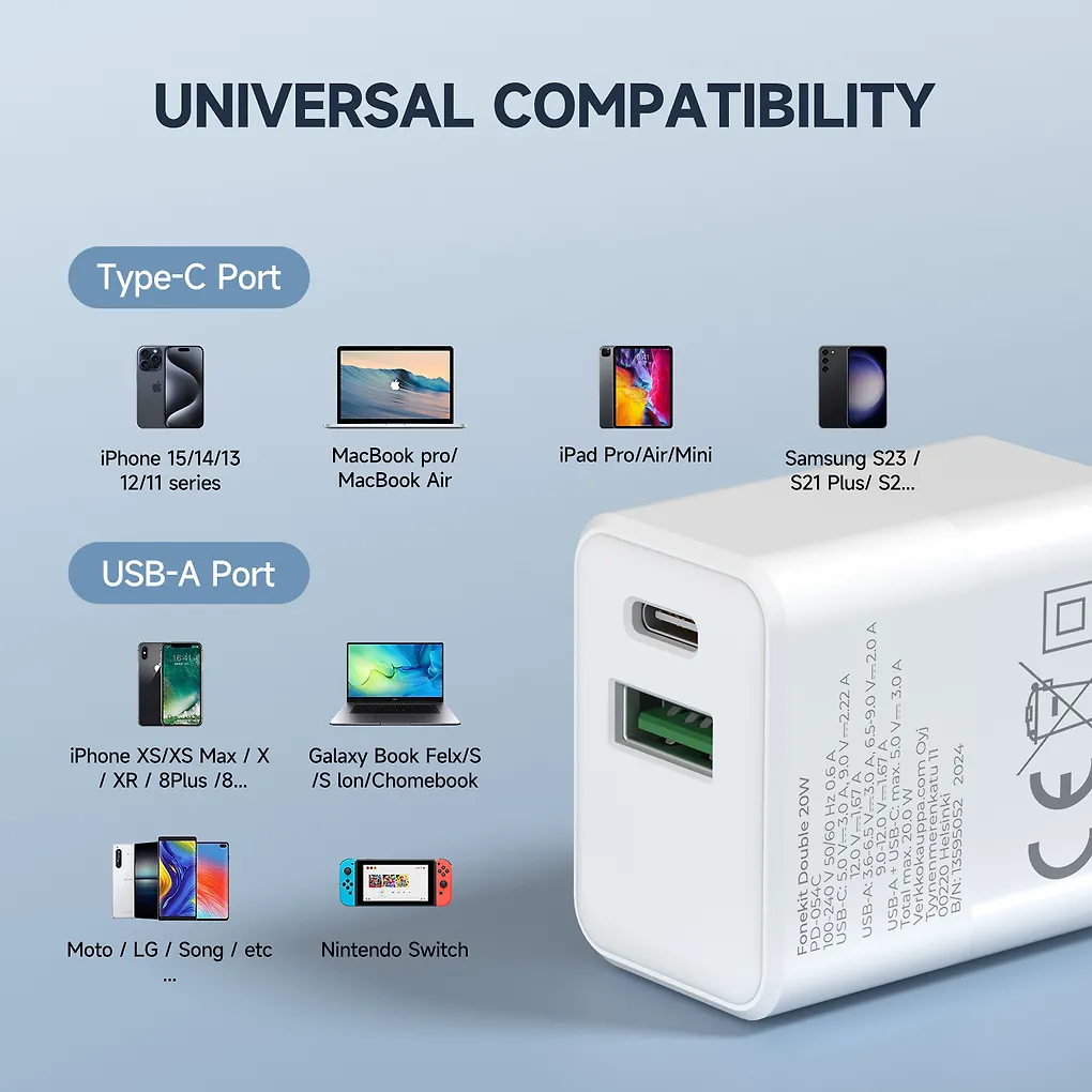 FoneKit Double 20W -laturi, USB-C + USB-A, valkoinen - Image 8
