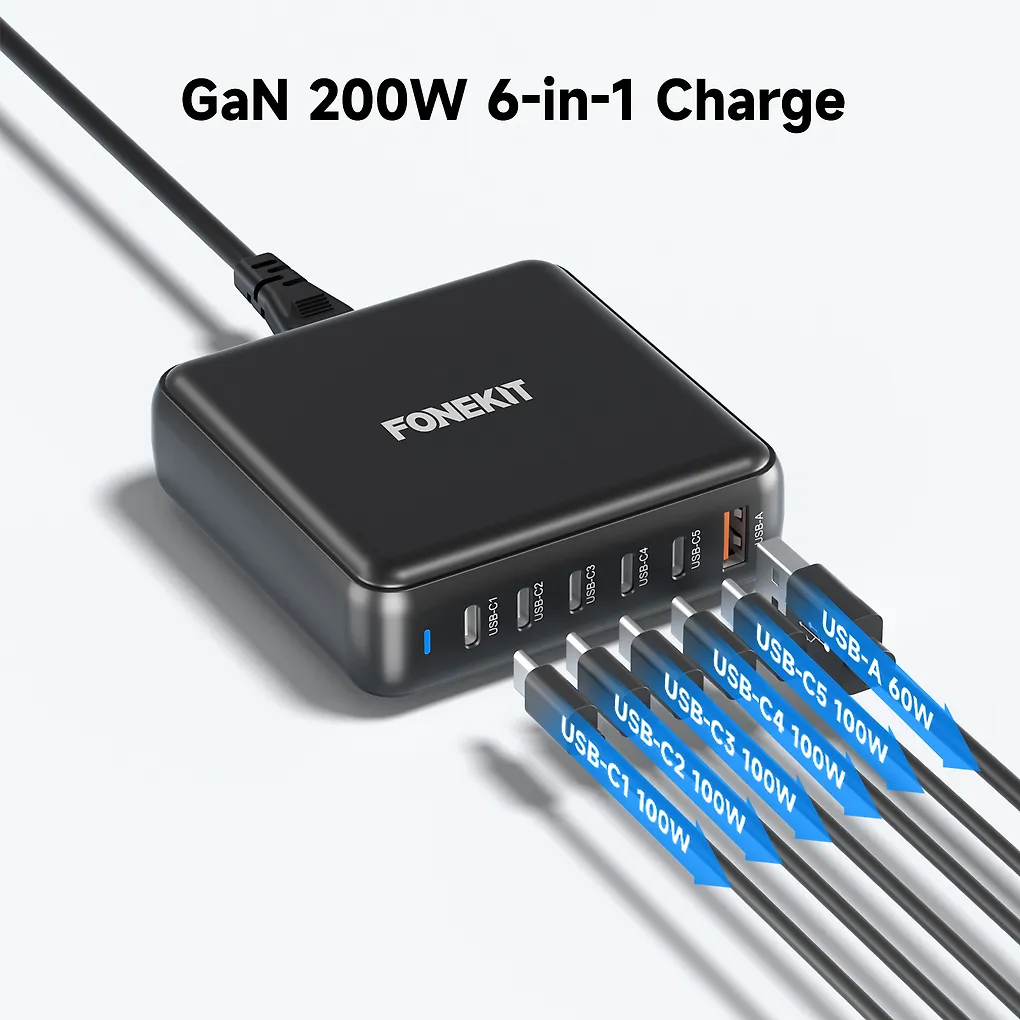 FoneKit GaN PD 200W -verkkovirtalaturi, USB-A + 5 x USB-C, musta - Image 4