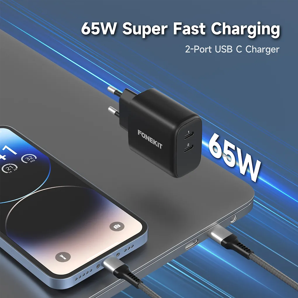 FoneKit GaN PD 65W -verkkovirtalaturi, USB-C + USB-C, musta - Image 9