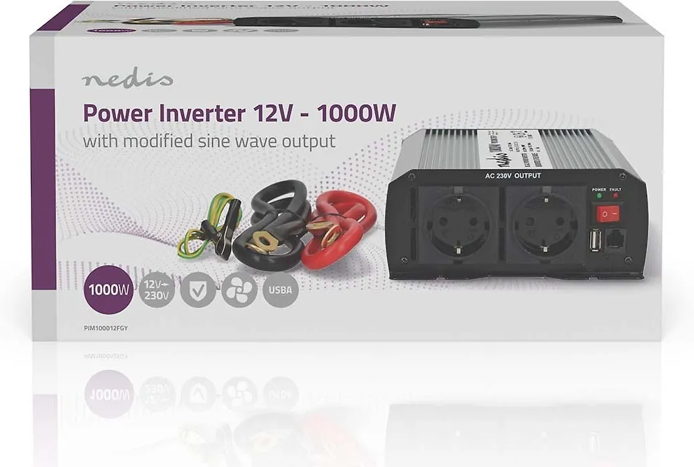 Nedis PIM100012FGY invertteri, 12 V, 1000 W, muokattu siniaalto