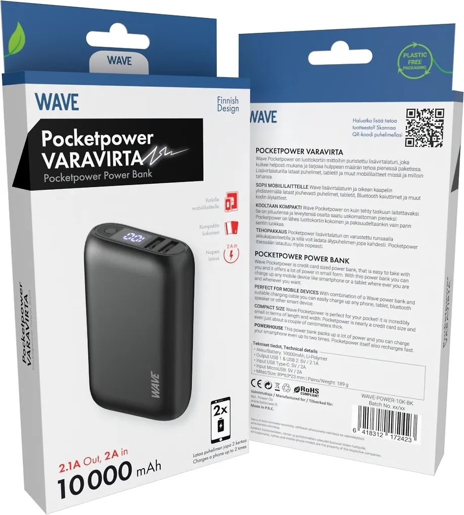 Wave Pocketpower -varavirtalähde, 10 000 mAh, musta - Image 4